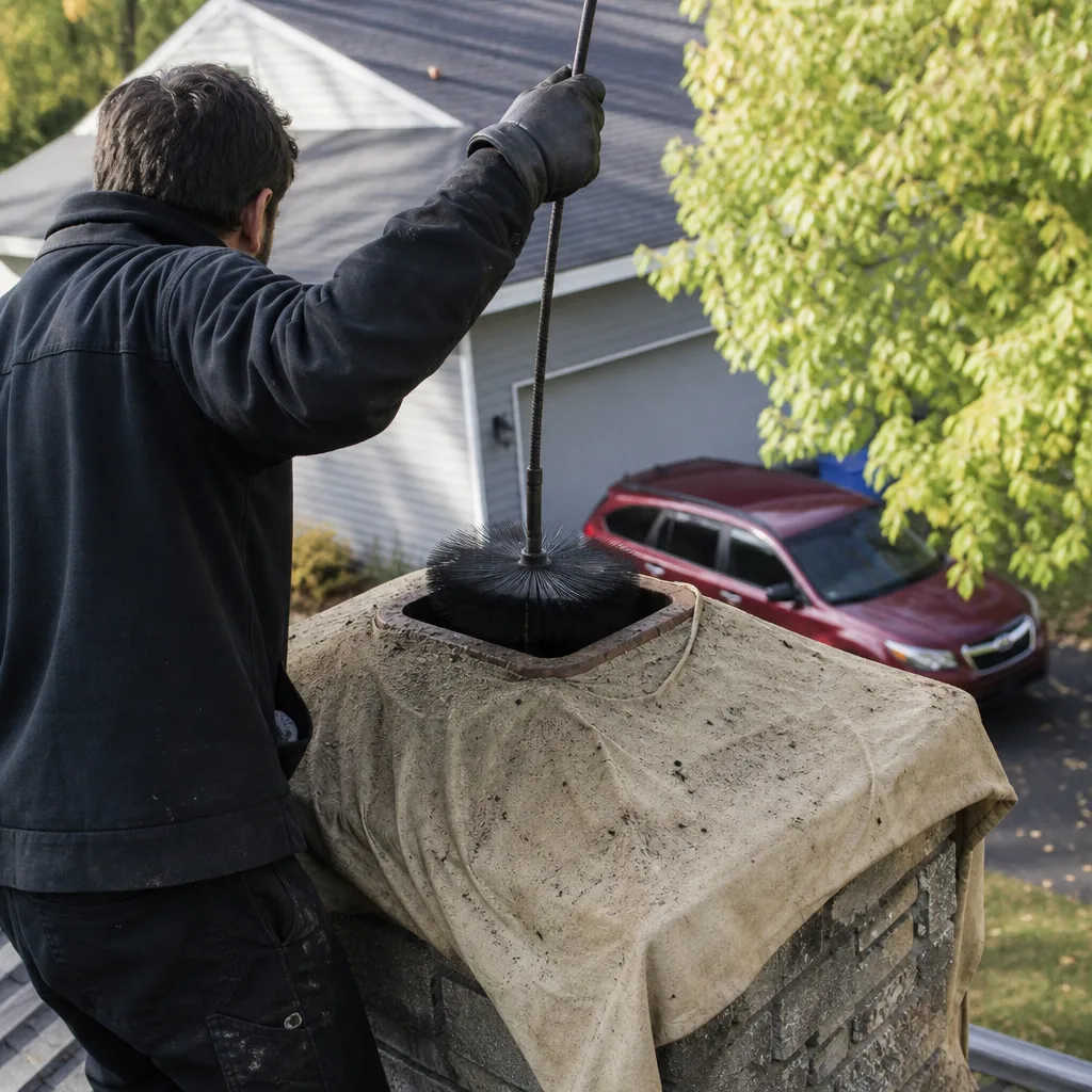 Professional chimney sweep cleaning a fireplace flue on a residential roof