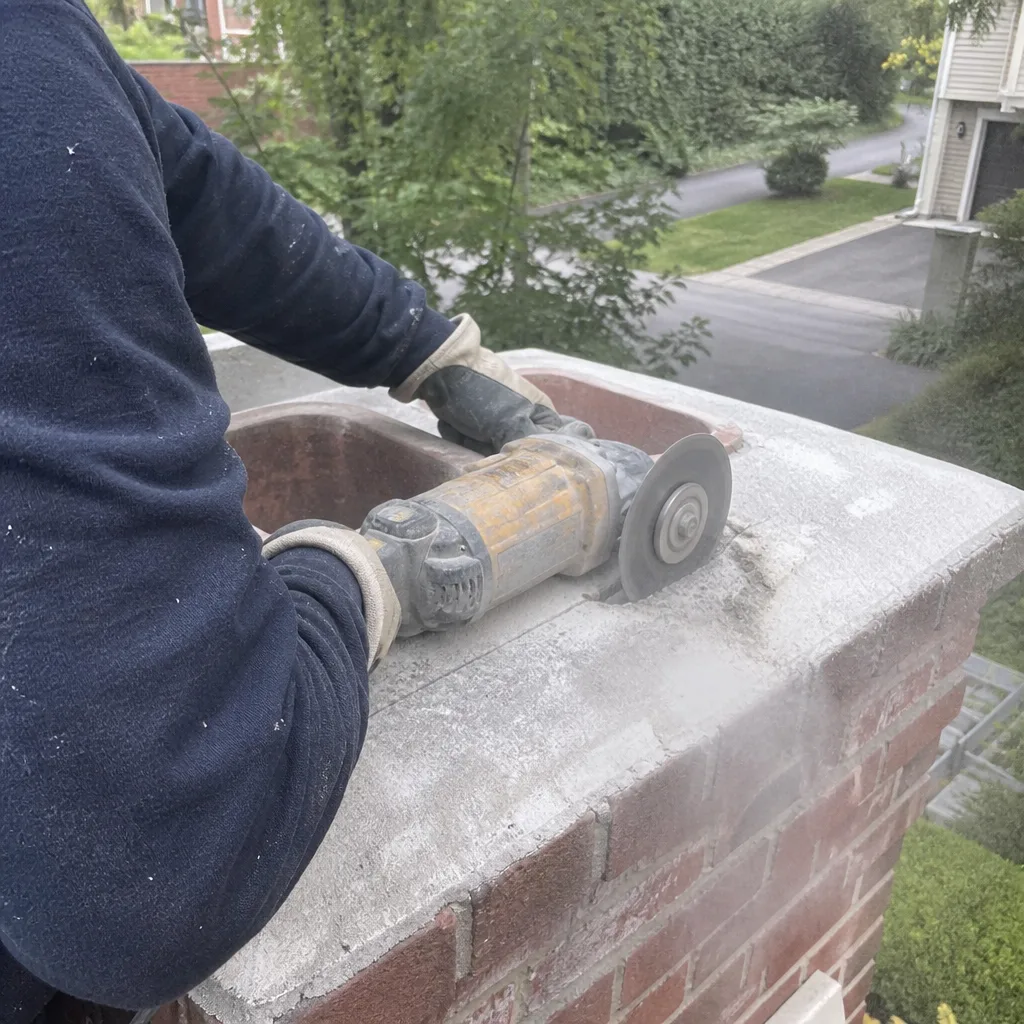 Professional technician performing masonry repair on a brick chimney crown